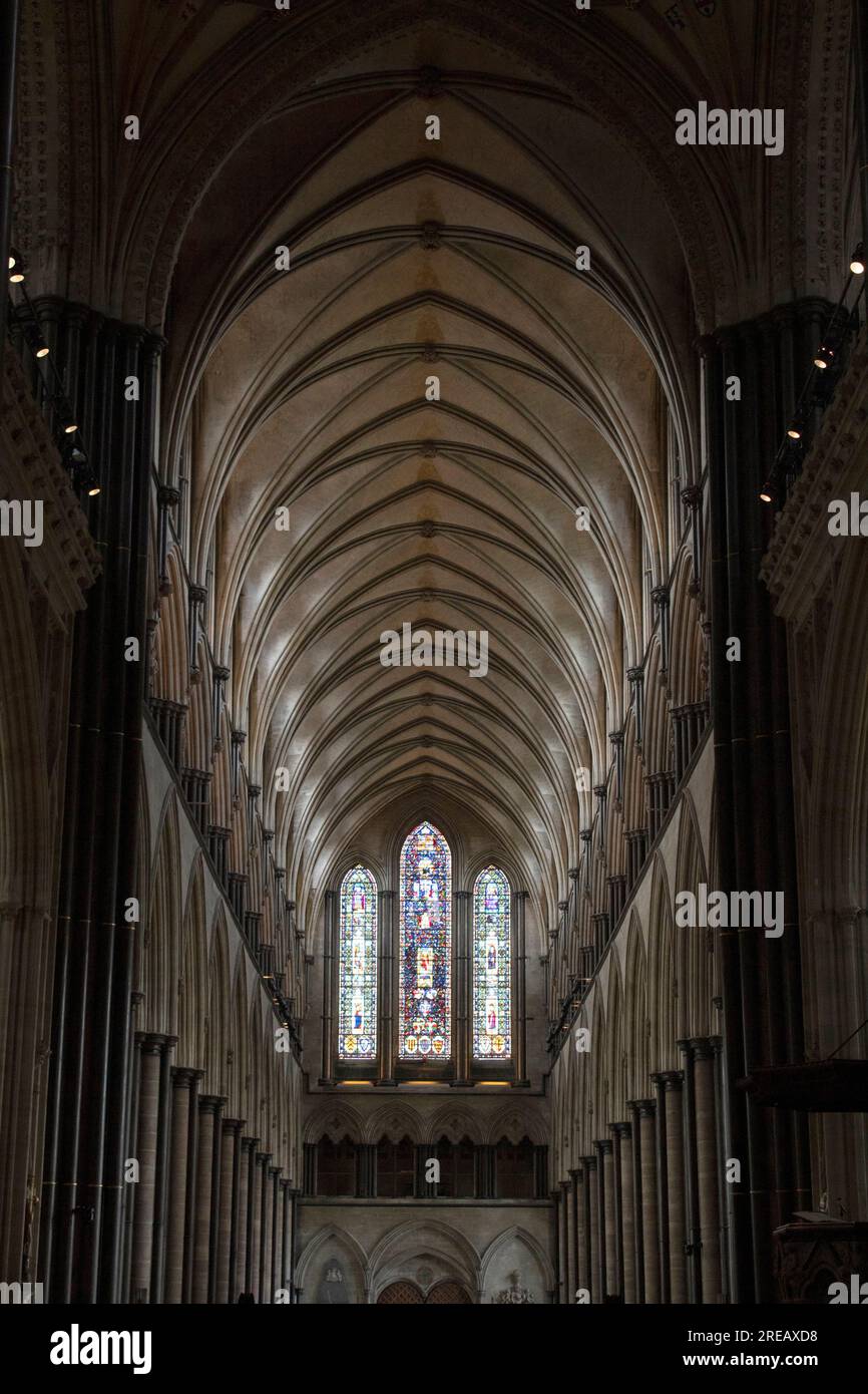 L'interno gotico inglese della Cattedrale di Salisbury, Salisbury, Inghilterra Regno Unito Foto Stock