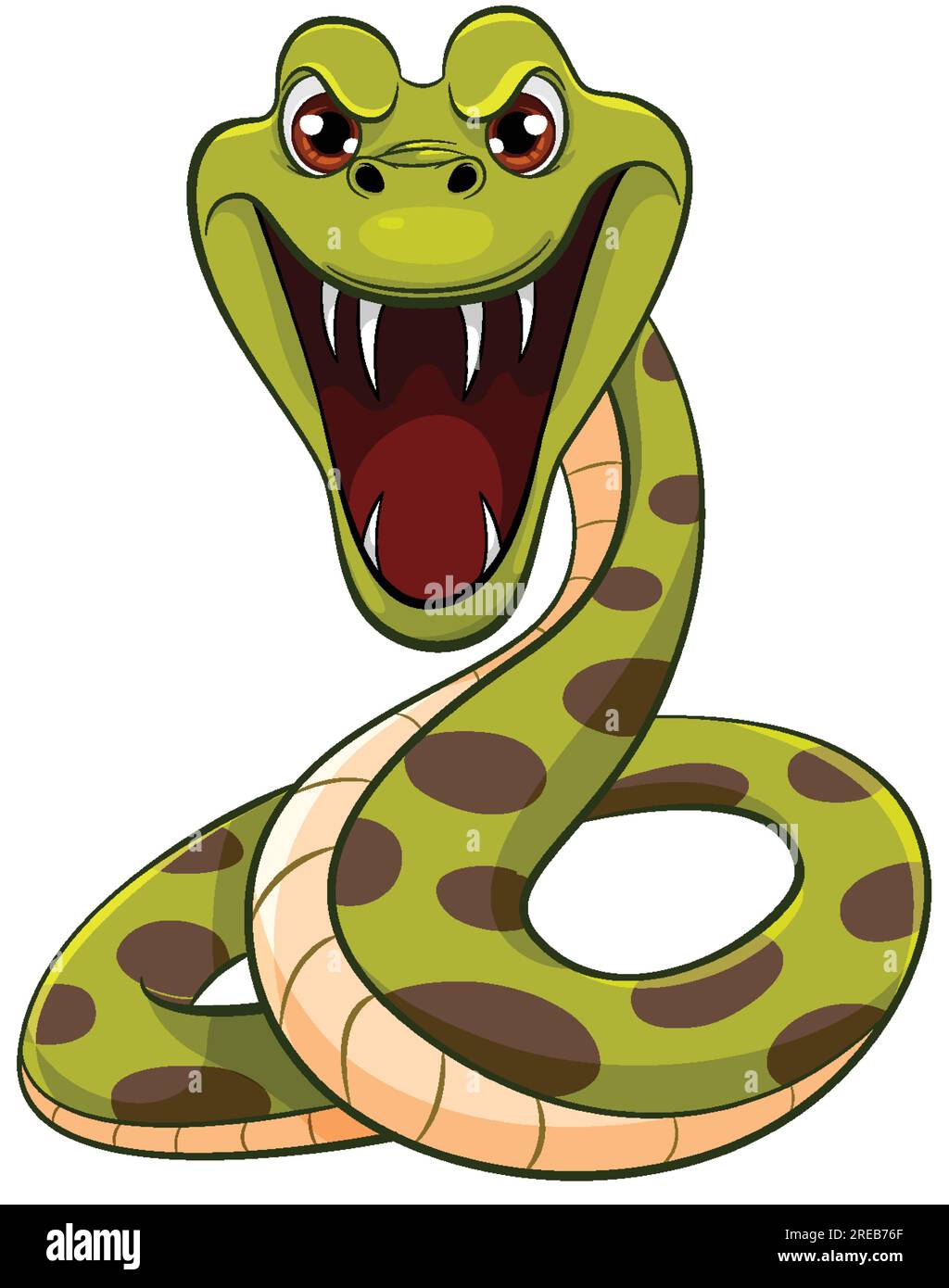 Un cartone animato vettoriale raffigurante un serpente pitone con la bocca aperta, pronto a mordere con denti affilati Illustrazione Vettoriale