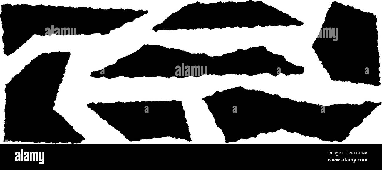 Set di carta strappato. Sagome nere con bordi frastagliati. Raccolta frammenti diversi strappati. Pacchetto di elementi grunge testurizzati per collage, casella di testo, banner, adesivo. Illustrazione vettoriale Illustrazione Vettoriale