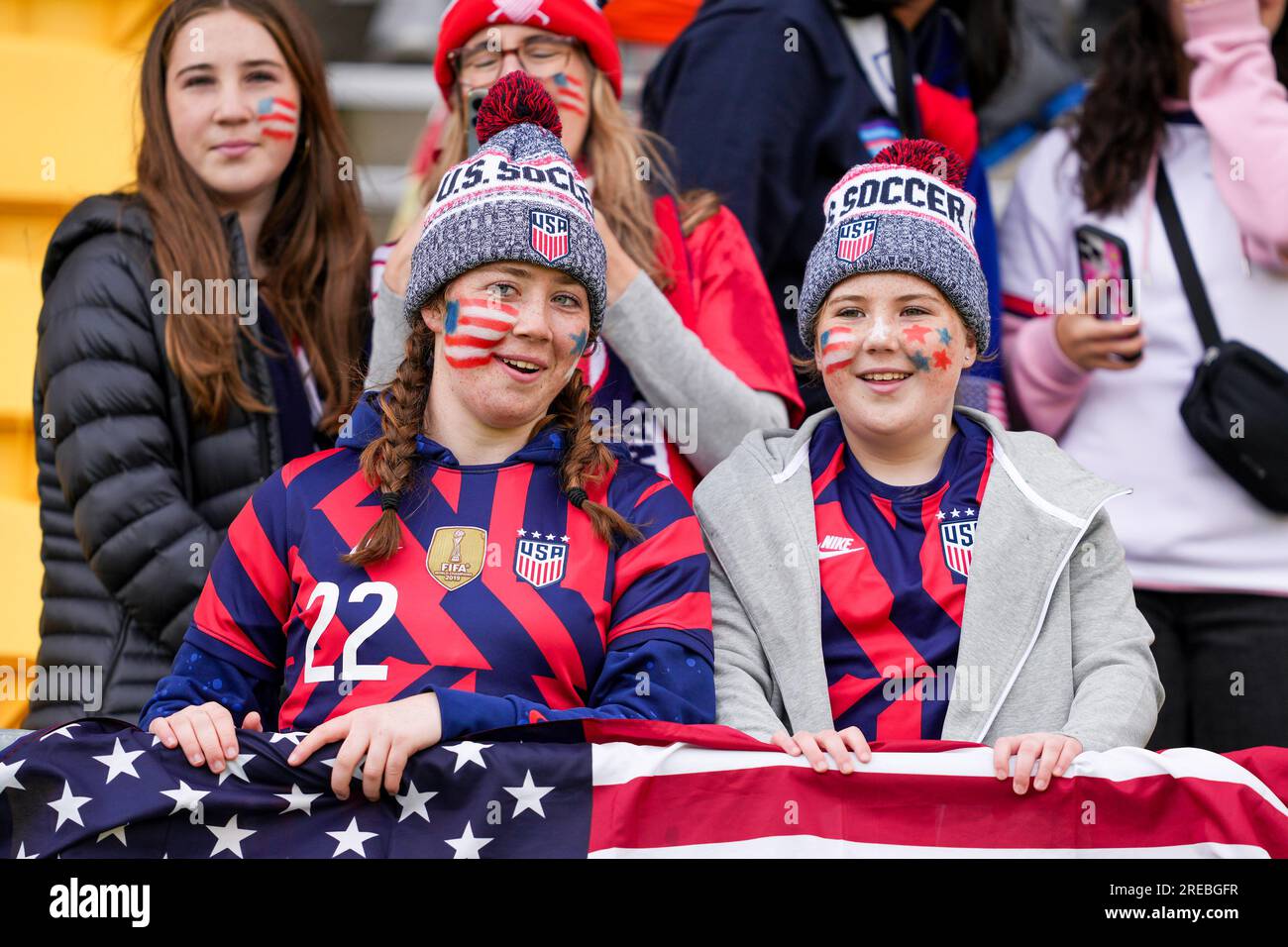 Wellington, nuova Zelanda. 27 luglio 2023. Wellington, nuova Zelanda, 27 luglio 2023: Tifosi USA durante la partita di calcio FIFA Womens World Cup 2023 tra USA e Paesi Bassi al Wellington Regional Stadium di Wellington, nuova Zelanda. (Daniela Porcelli/SPP) credito: SPP Sport Press Photo. /Alamy Live News Foto Stock