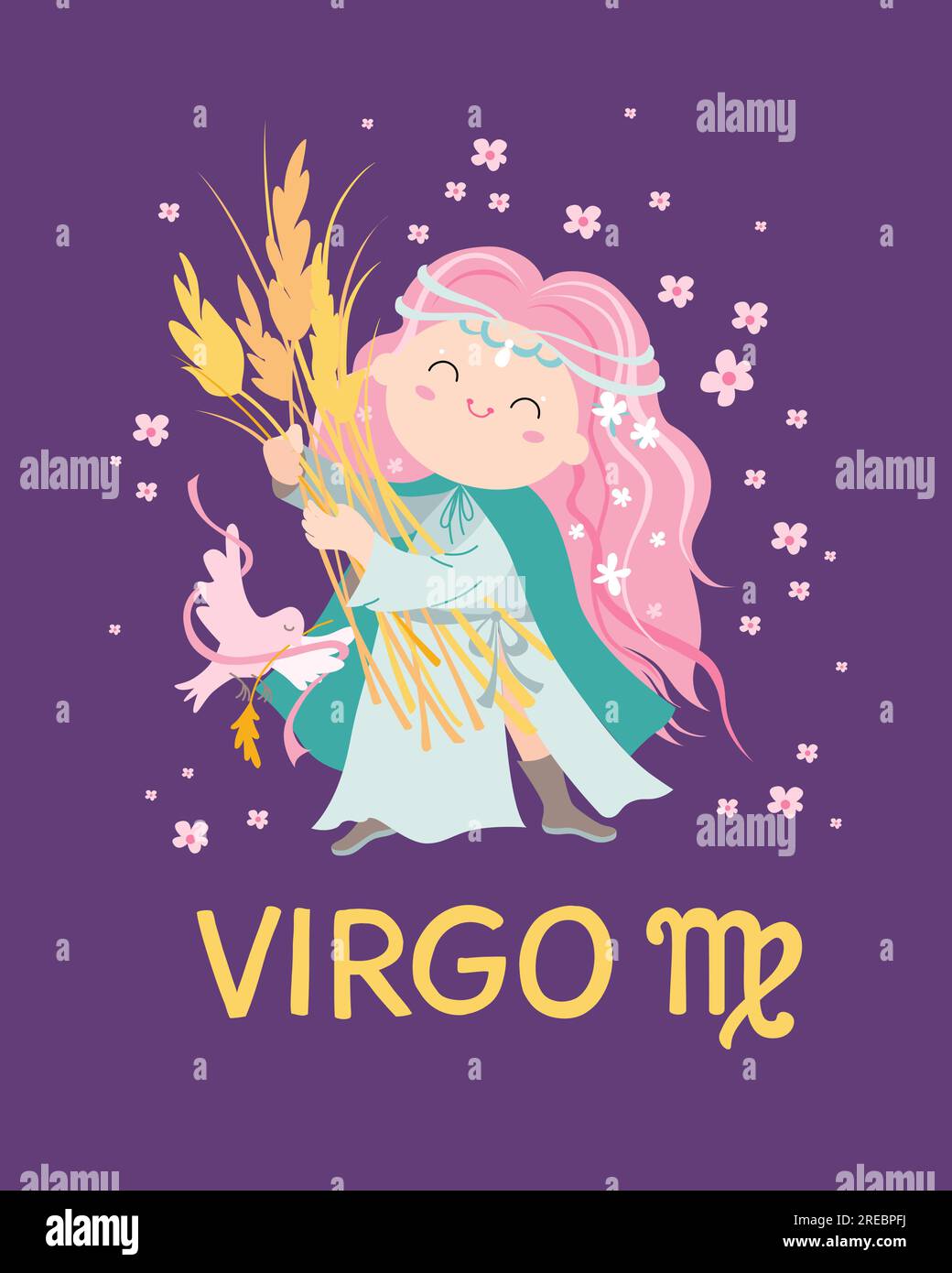 Simpatico cartello zodiacale piatto. Illustrazione vettoriale con simbolo astrologico Virgo, segno zodiacale. Illustrazione Vettoriale