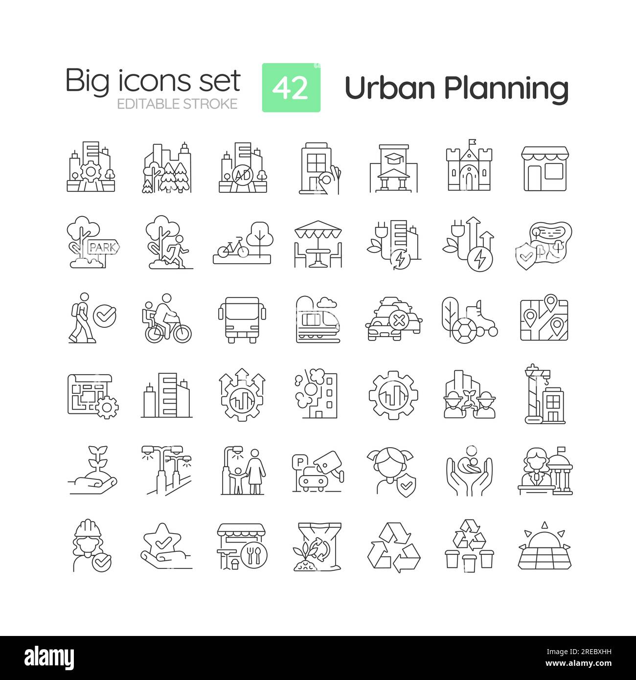 Set di icone lineari per la pianificazione urbana Illustrazione Vettoriale