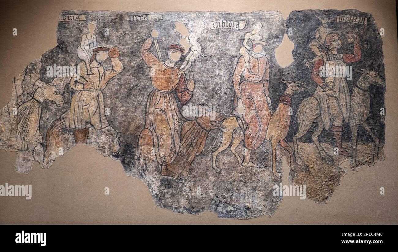 Sette peccati mortali, dipinti di Sieso muro, 16 ° secolo, affresco strappato e trasferito su tela, provengono dalla chiesa di San Miguel Arcangel a Sies Foto Stock