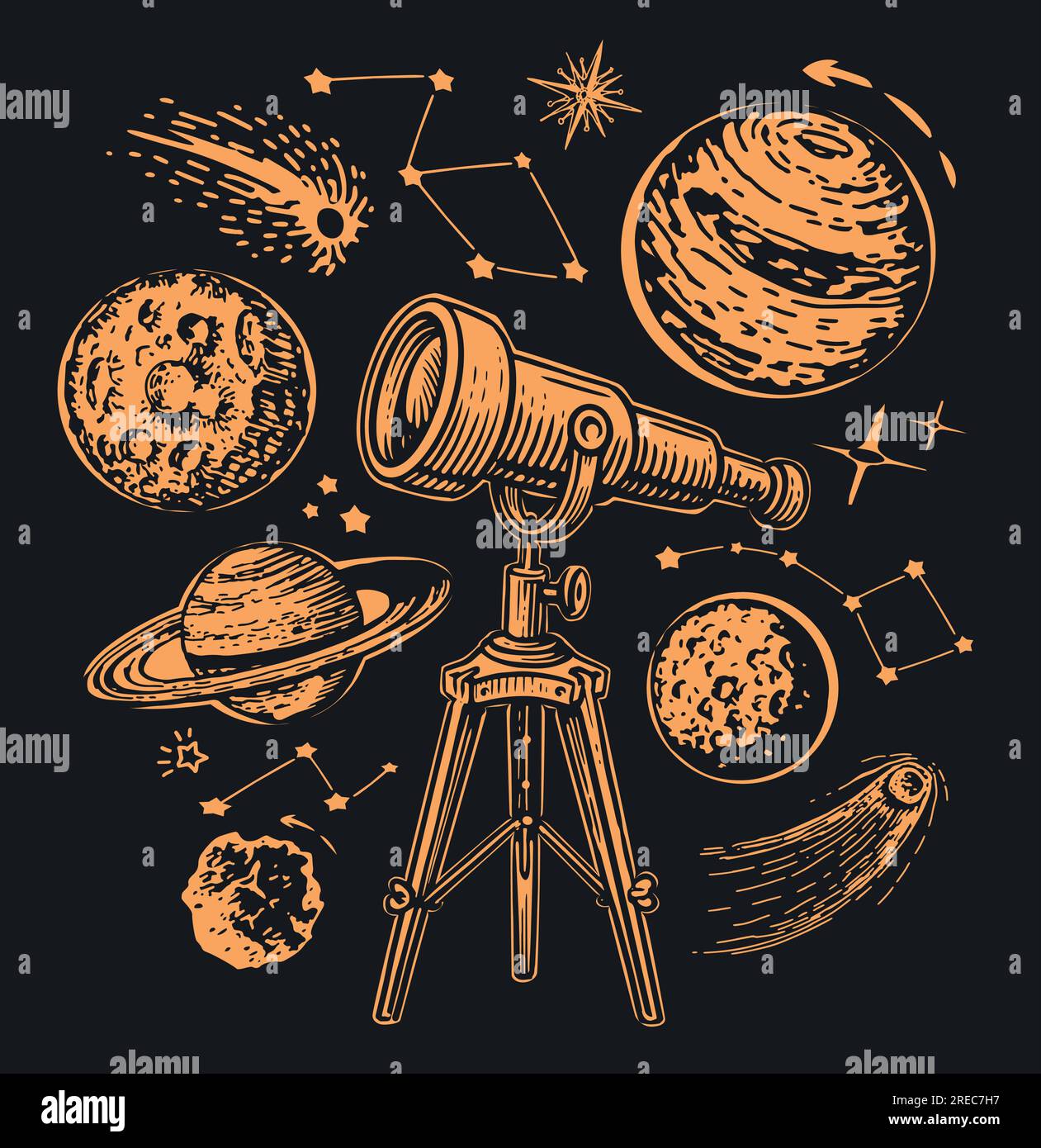 Telescopio per osservare pianeti e stelle. Galaxy, concetto spaziale. Illustrazione vettoriale Illustrazione Vettoriale