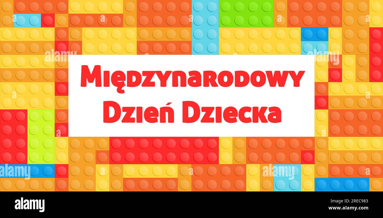 Giornata internazionale dei bambini in lingua polacca - Miedzynarodowy Dzien Dziecka. Design di biglietti di auguri o banner con blocchi colorati per giocattoli. Illustrazione Vettoriale