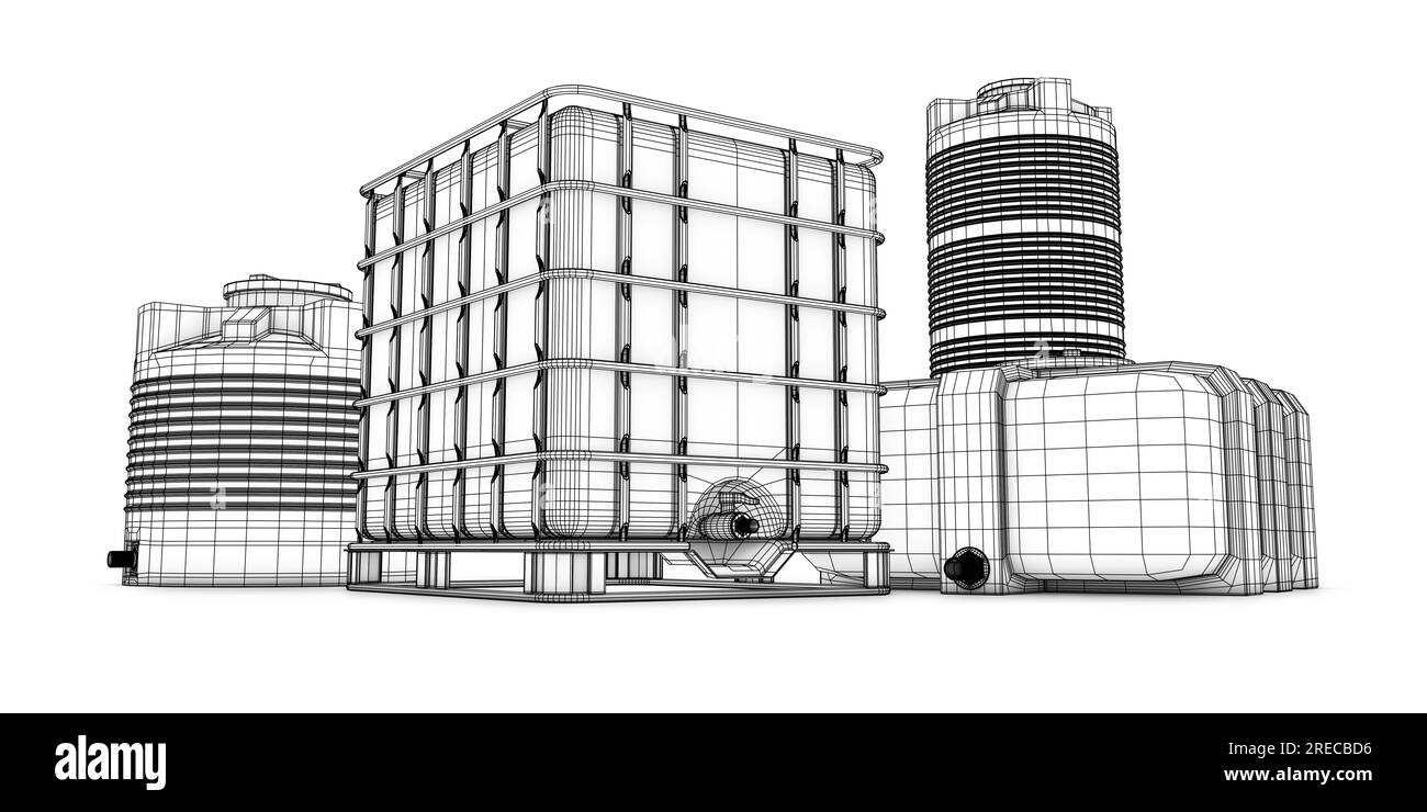 Serbatoio dell'acqua con griglia in metallo e Ccontainers per acqua di diverse forme. Il rendering 3d. Foto Stock