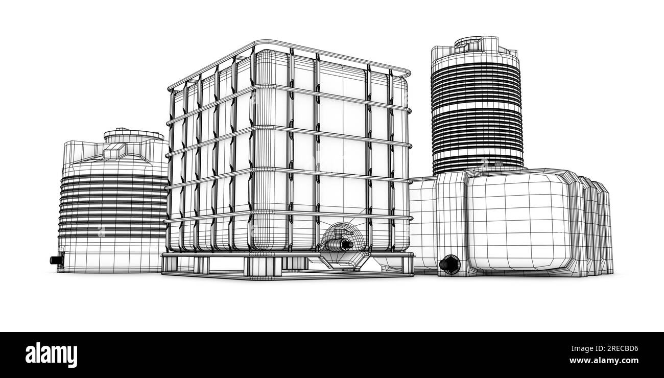 Serbatoio dell'acqua con griglia in metallo e Ccontainers per acqua di diverse forme. Il rendering 3d. Foto Stock