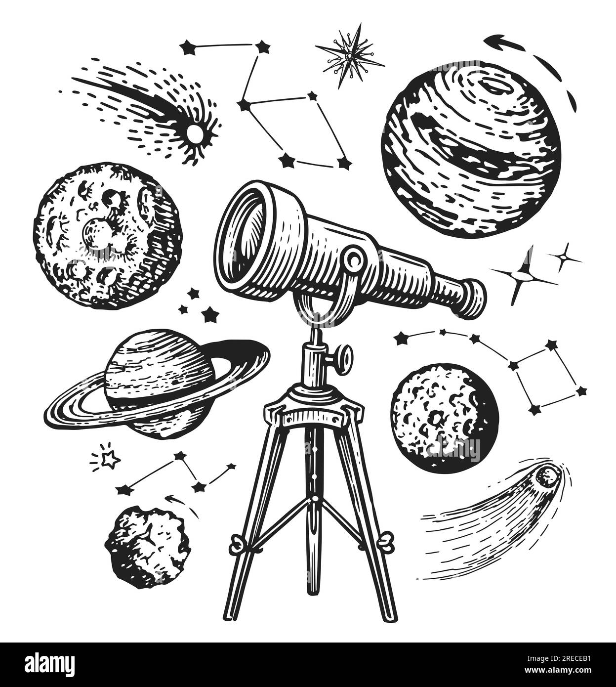 Il telescopio retrò guarda pianeti e stelle. Galaxy, concetto spaziale. Disegno a mano illustrazione vintage Foto Stock