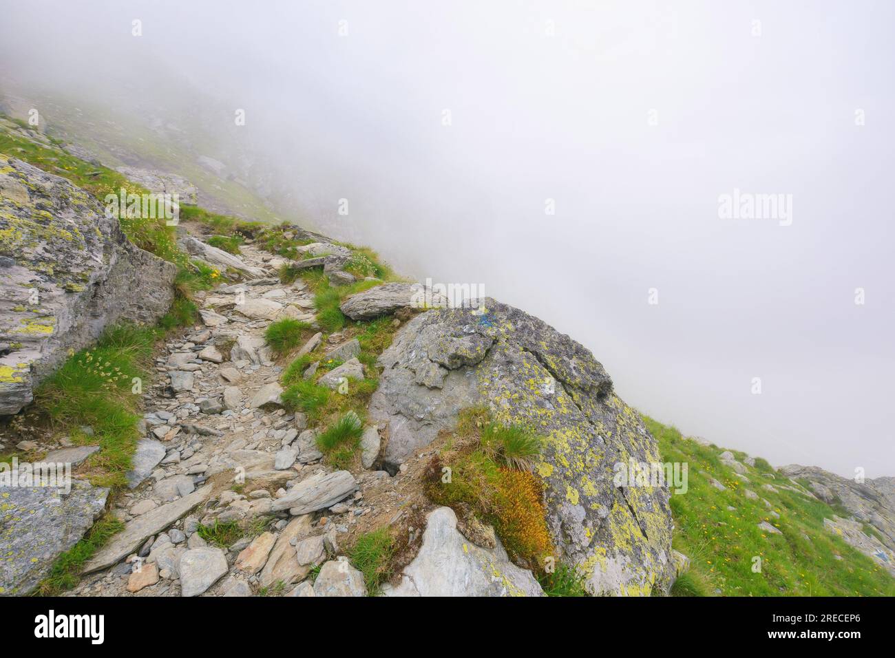 paesaggi naturali rumeni in una giornata nebbiosa. paesaggio montuoso con ripide colline rocciose. vacanze estive a fagaras Foto Stock
