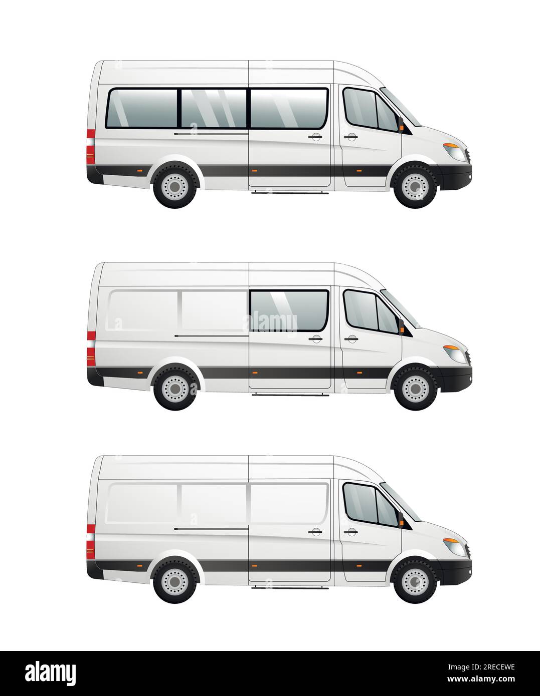Una serie di immagini vettoriali di varianti di minibus con una base estesa. Passeggeri, cargo-passeggeri, cargo. Trasporto urbano. Illustrazione Vettoriale