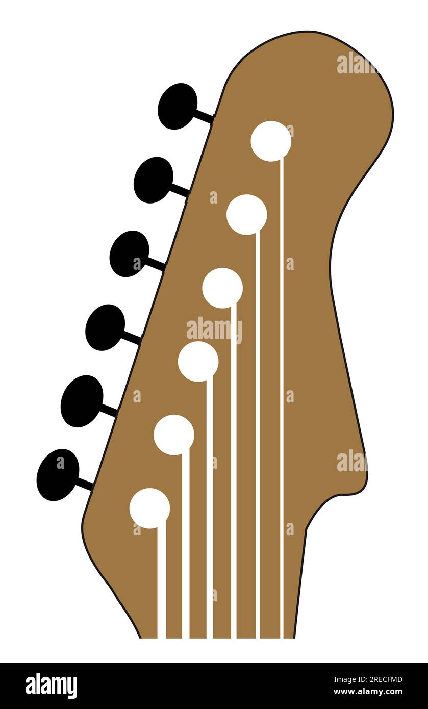 Un headstock di chitarra da cartoni animati in legno isolato su uno sfondo bianco Foto Stock