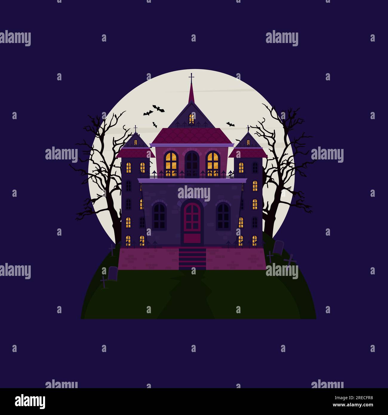 Spaventosa casa del castello con un cimitero sullo sfondo di una luna piena. Casa di Halloween. Illustrazione vettoriale Illustrazione Vettoriale