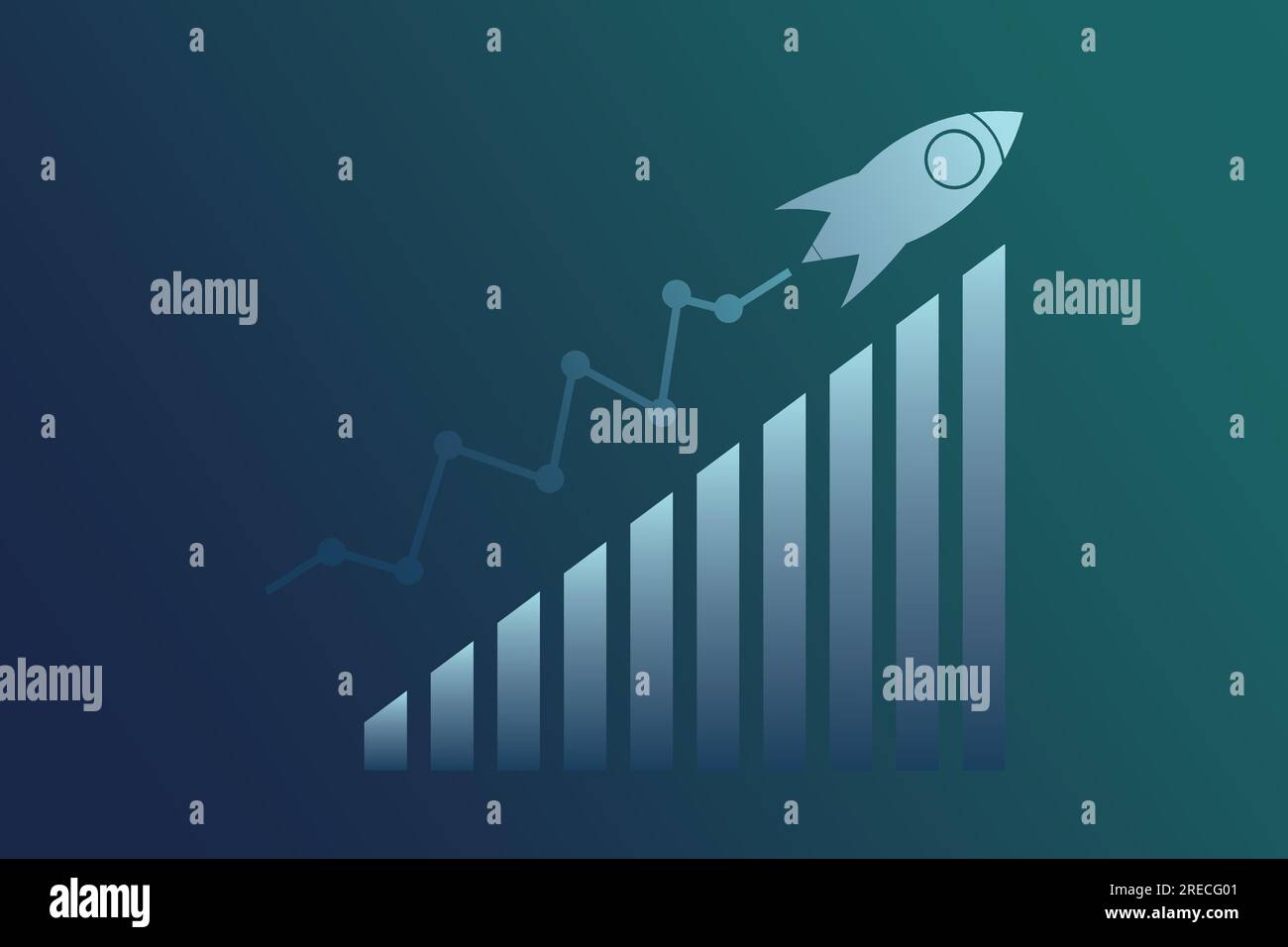 Grafico aziendale con Rocket Fly su sfondo blu sfumato. Business Financial Start up Growth Success concept illustrazione vettoriale. Illustrazione Vettoriale