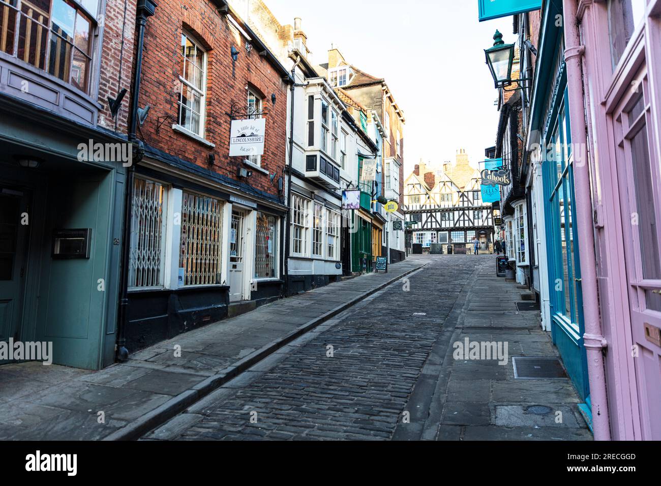 Steep Hill Lincoln, Castle Hill Lincoln, Lincoln City, Lincolnshire, Regno Unito, Inghilterra, collina ripida, Lincoln Regno Unito, Lincoln collina ripida, Lincoln Inghilterra, Foto Stock