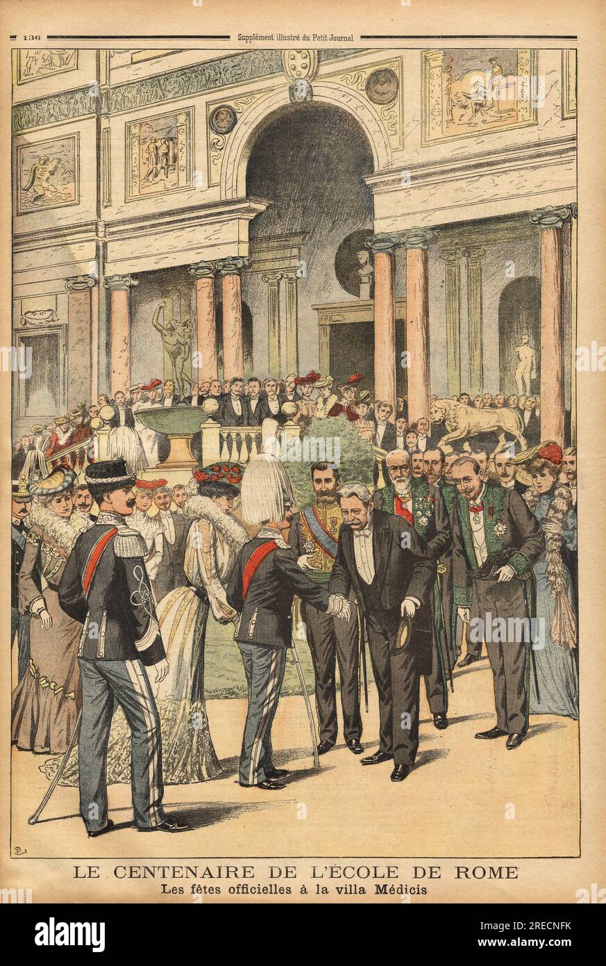 Les fetes officielles a la villa Medicis, ou est celebre le centenaire de l'ecole de Rome, a cette occasion, les ministres francais et les membres de l'academie se sont deplaces en Italie. Gravure in "le petit Journal" 2641903. . Foto Stock