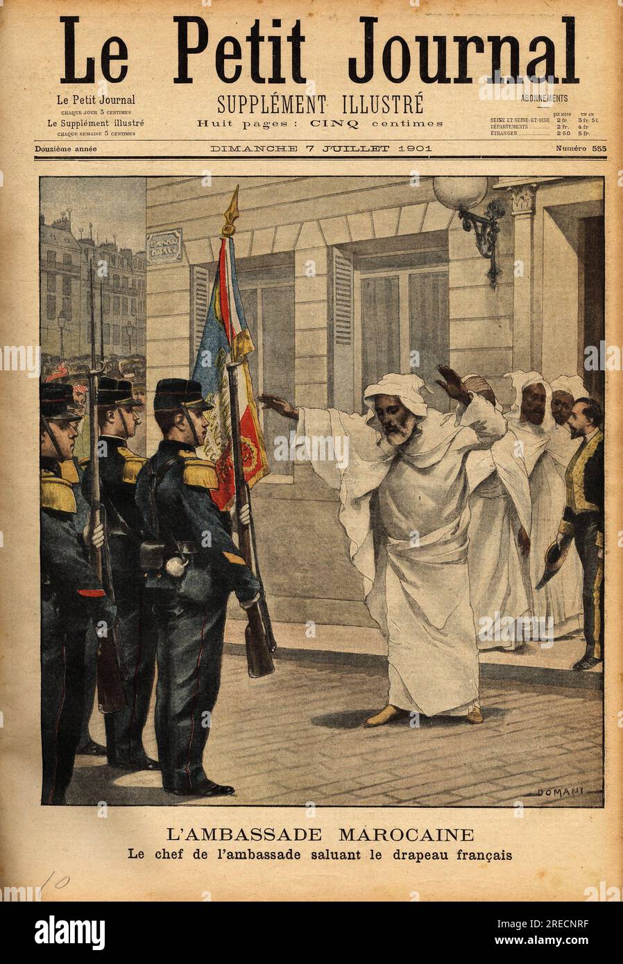 Un ambassadeur du Maroc, si Abdel Kerim ben Sliman, ministre des affaires etrangeres, en visite officielle pour resoudre les Diffends diplomatiques, traverse la chaussee et s'incline les bras etendus pour saluer le drapeau francais, a Tolone. Gravure in "le petit Journal" 771901. . Foto Stock