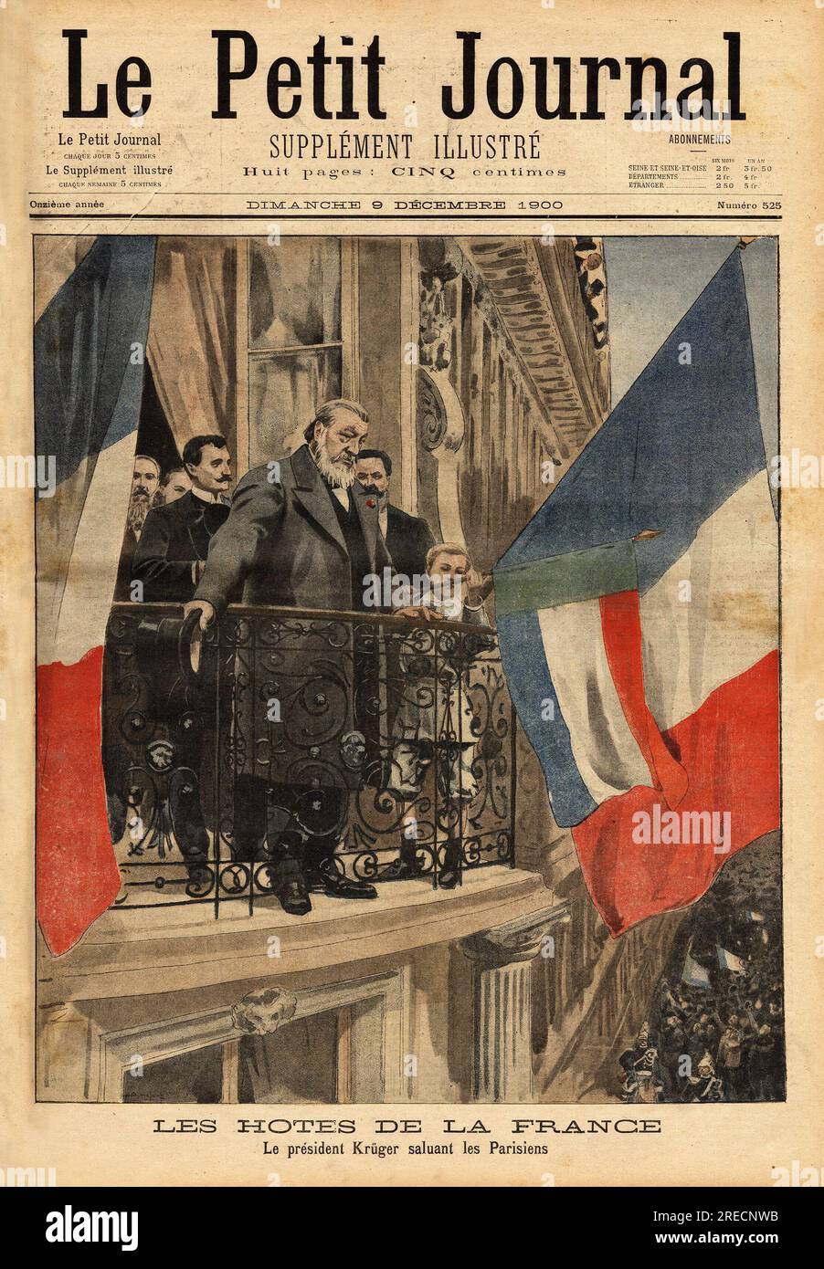 Paul Kruger (1825-1904) homme politique boer et president du Transvaal (Afrique du sud), en visite en France, acclame par la foule sur le balcon de la gare de Lyon . Gravure in "le petit Journal" 9121900. . Foto Stock