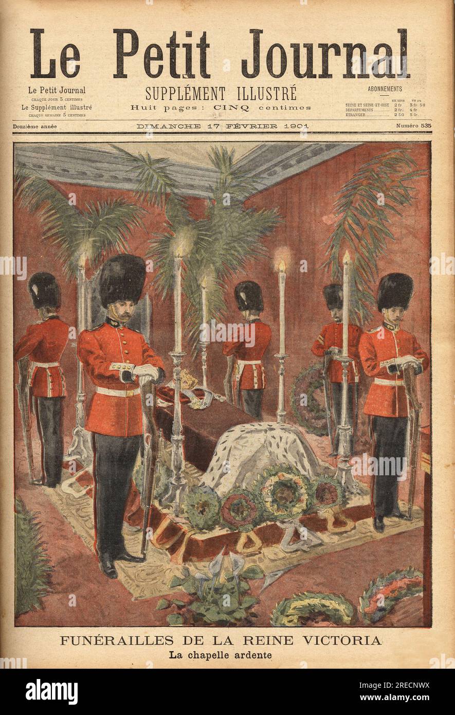 La chapelle ardente de la Reine Victoria (1819-1901) a Osborne, ou son cercueil est expose, avec le manteau de pourpre borde d'hermine et la couronne royale, et garde solennellement par les grenadiers avant son Inhumation a la chapelle de Frogmore. Gravure in "le petit Journal" 1721901. . Foto Stock
