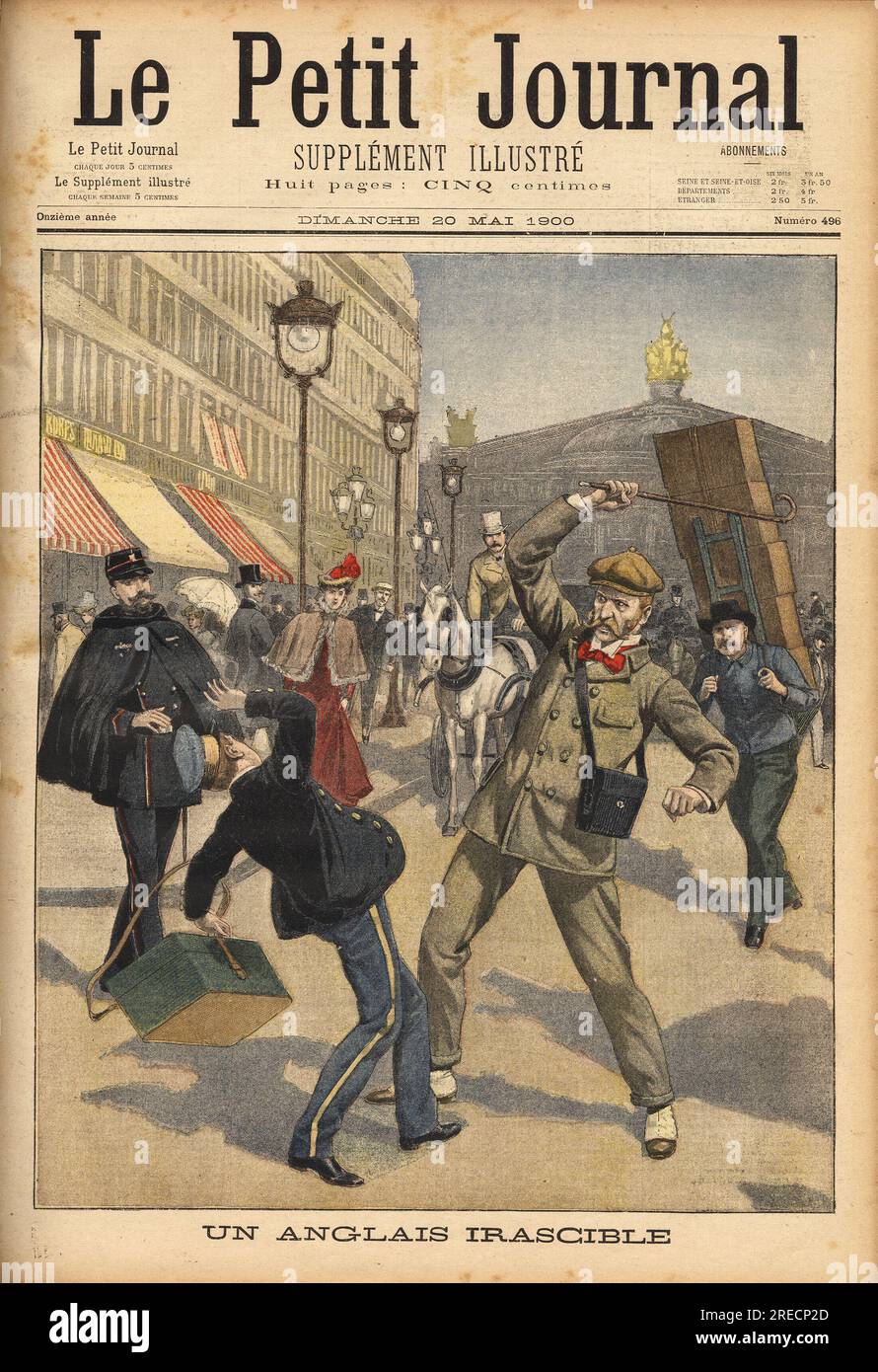 Un Tourist anglais, en visite a Paris, se promenant sur l'avenue de l'opera, victime des moqueries d'un enfant a cause de sa tenue vestimentaire, se jette sur lui pour le frapper de sa canne. Gravure in "le petit Journal" 2051900. . Foto Stock