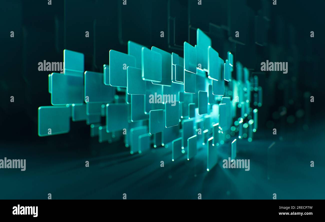 Sfondo astratto, concetto tecnologico, rendering 3D, quadrati blu opachi su sfondo blu scuro Foto Stock