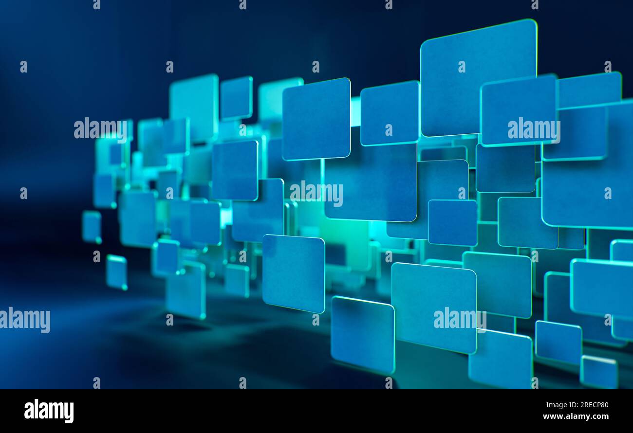 Sfondo astratto, concetto tecnologico, rendering 3D, quadrati blu opachi su sfondo blu scuro Foto Stock