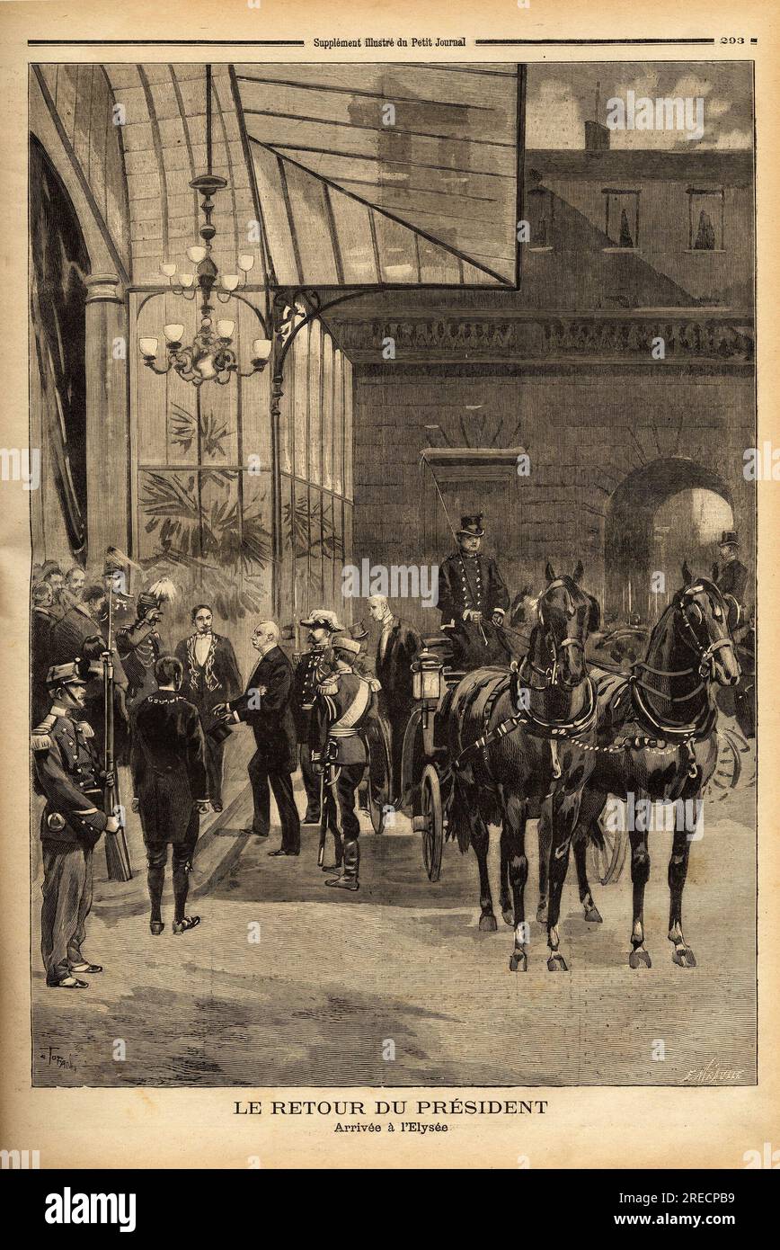 Le retour du president de la republique Felix Faure (1841-1899) au palais de l'Elysee, apres son voyage en Russie, ou a ete conclue l'Alliance avec le tsar Nicolas II (1868-1918). Gravure in "le petit Journal" 12091897. . Foto Stock