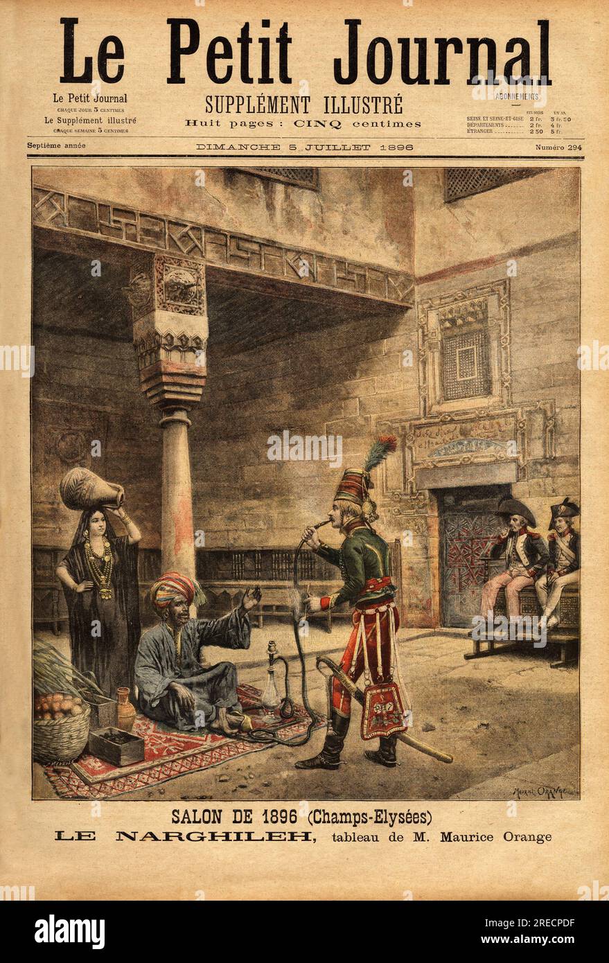 Pendant la campagne de France en Egypte, un soldat interroge un indigene sur sa pipe a eau, le narguile ( ou narghileh ), d'apres un tableau de Maurice Orange, presente au Salon de 1896. Gravure in "le petit Journal" 5071896. Foto Stock