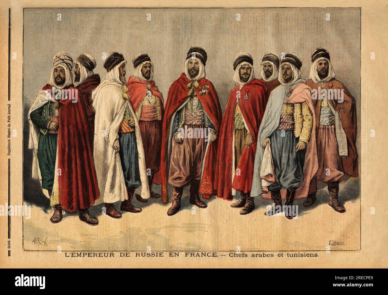 Les chefs arabes et tunisiens, charges de la garde d'honneur du tsar Nicolas II, en visite en France. ( Si Hamza, chef des Ouleds sidi cheiks; si Mohammed ben Gana, agha des Zibans; si Ferhat Mouly, caid des beni Maaida; si Lakdan, agha des Larbaa; si Ould, si Amad, Et Ali Bey, caid des beni Bou Sliman ). Gravure in "le petit Journal" 18101896. Foto Stock