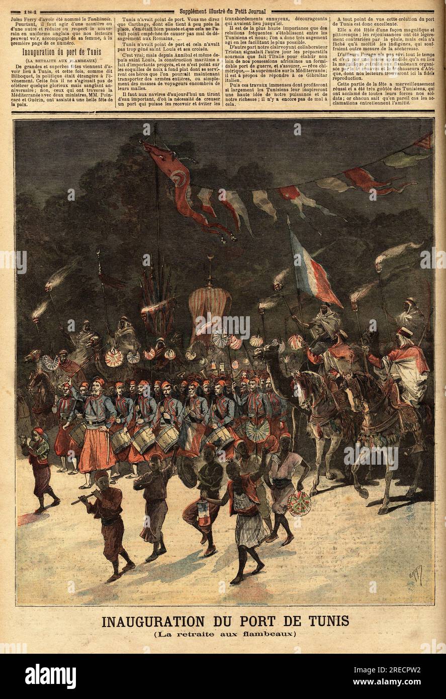Inaugurazione del porto di Tunisi, en presence des ministres francais Raymond Poincare (1860-1934) et Eugene Guerin (1849-1929). Gravure in "le petit Journal" 10061893. Foto Stock