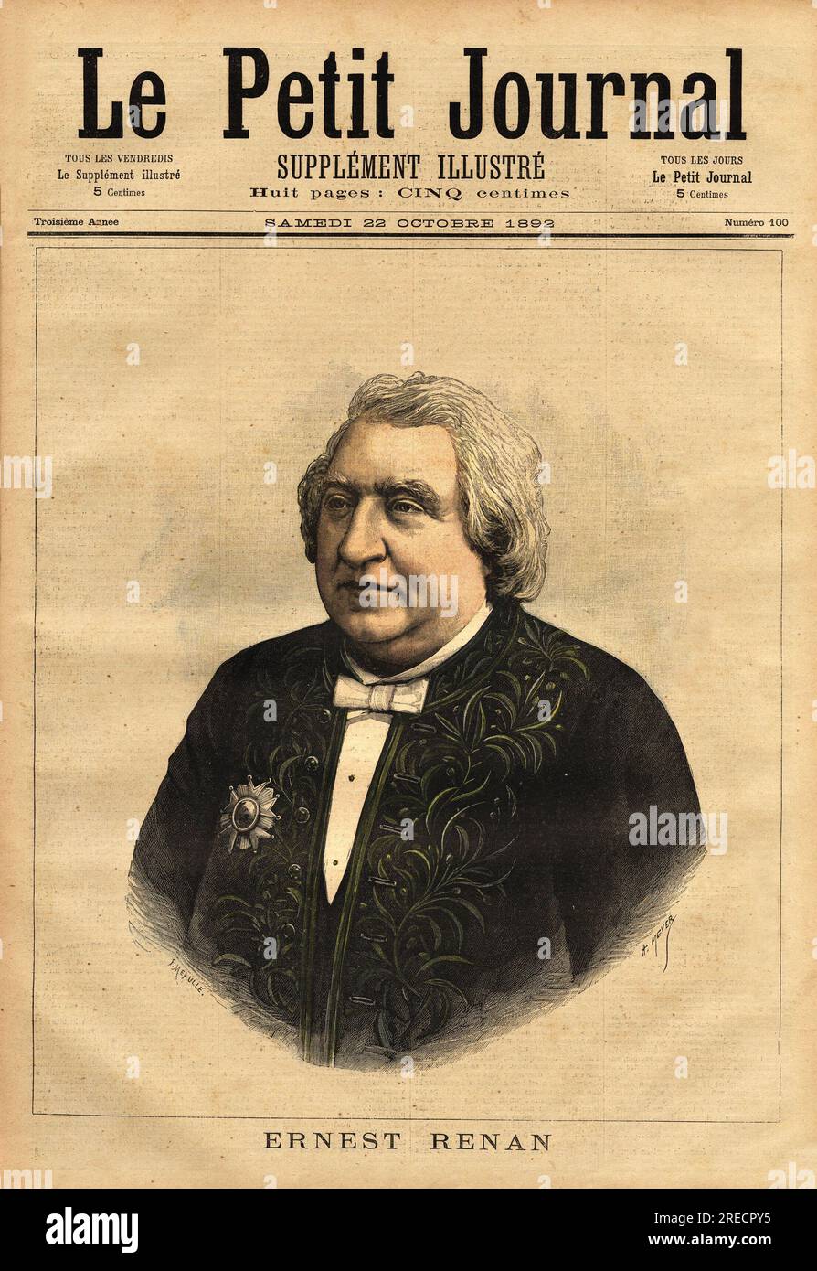 Ritratto d'Ernest Renan (1823-1892), ecrivain, philologue, philosophe et historien. Auteur populaire de' la vie de Jesus', qui contient la these otherwise SEE d'une biographie de Jesus, redigee comme celle d'un homme ordinaire et que la Bible, doit etre soumise a un examen critique comme tout document historique. Il reste aussi celebre pour son discours de 1882, 'Qu'est ce qu'une Nation?', ou il formule la reponse: ' La volonte de vivre ensemble', s'opposant alors aux definitions de la plupart des penseurs europeens, en particulier allemand, sur le concept de race'. Gravure in 'le petit journ Foto Stock