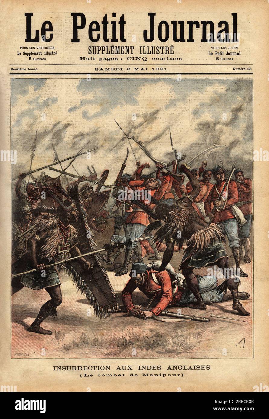 Le Combat de Manipour ( ou Manipur) ( nord est de l'Inde), du 24 au 26 avril 1891, ou s'affrontent les Forces coloniales britanniques et les rebelles du maharajah Kullachandra Singh ( meurt en exil en 1934), sur le trone depuis 1890, apres avoir renverse son frere aine Surchandra Singh (regne 1886-1890) qui a alors abdique en sa faveur. Les britanniques sont massacres, avant de reprendre leur influence et leur pouvoir des la fin de l'annee 1891. Gravure in "le petit Journal" 2051891. Foto Stock Le Combat de Manipour ( ou Manipur) ( nord est de l'Inde), du 24 au 26 avril 1891, ou s'affrontent les Forces coloniales britanniques et les rebelles du maharajah Kullachandra Singh ( meurt en exil en 1934), sur le trone depuis 1890, apres avoir renverse son frere aine Surchandra Singh (regne 1886-1890) qui a alors abdique en sa faveur. Les britanniques sont massacres, avant de reprendre leur influence et leur pouvoir des la fin de l'annee 1891. Gravure in "le petit Journal" 2051891. Foto Stock