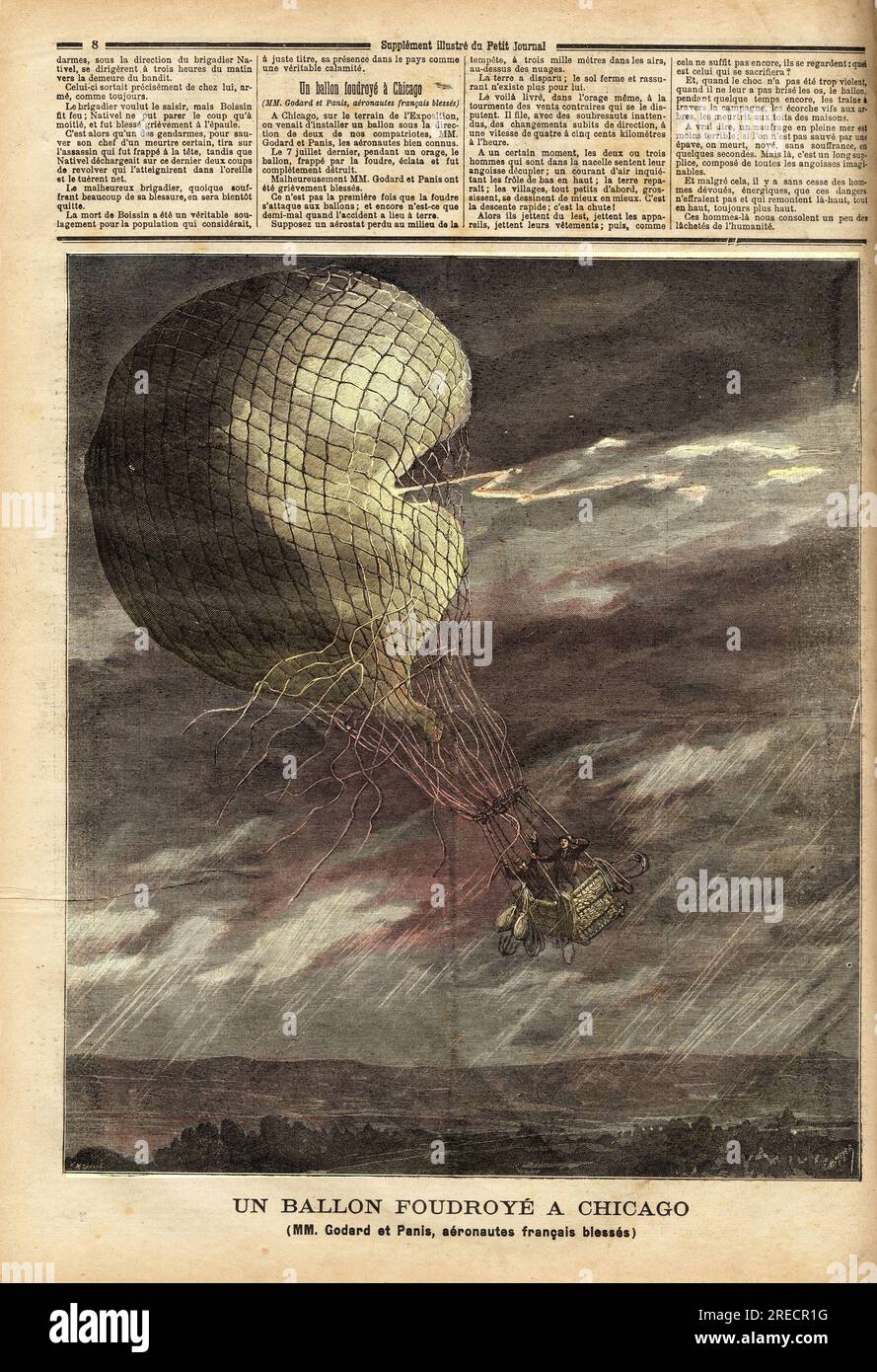 Le ballon-captif ( ballon captif) des francais M.. Godard et Panis, victime d'un accident du a l'orage du 7 juillet, sur le Terrain de l'Exposition universelle a Chicago, en plein vol, le ballon a ete foudroye et a eclate, blessant grievement les deux aeraunotes. Gravure in "le petit Journal" 25071891. Foto Stock