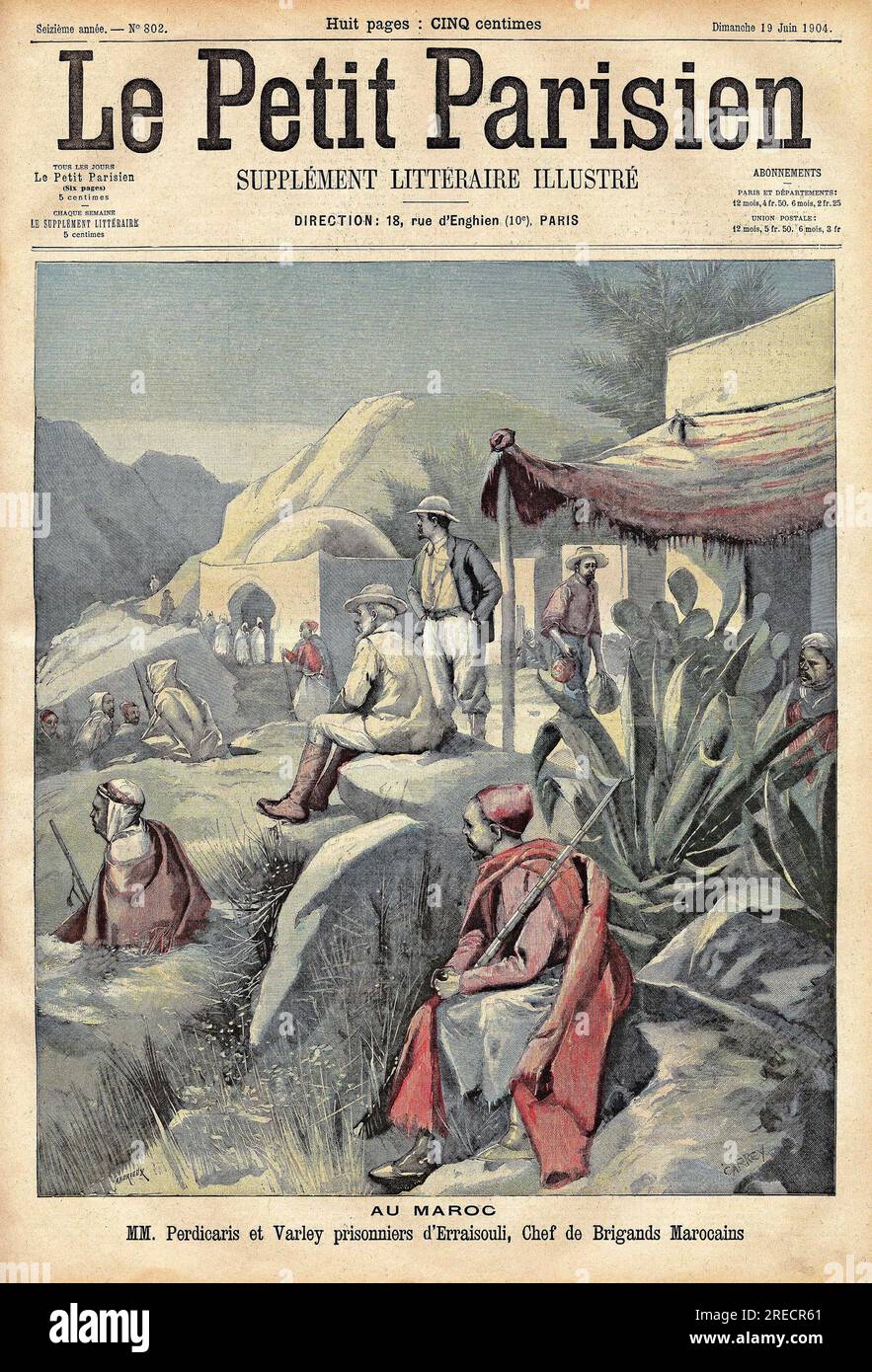 Deux francais sont Prisonniers d'un chef marocain. Gravure in "le Petit Parisien", le 19061904. Foto Stock