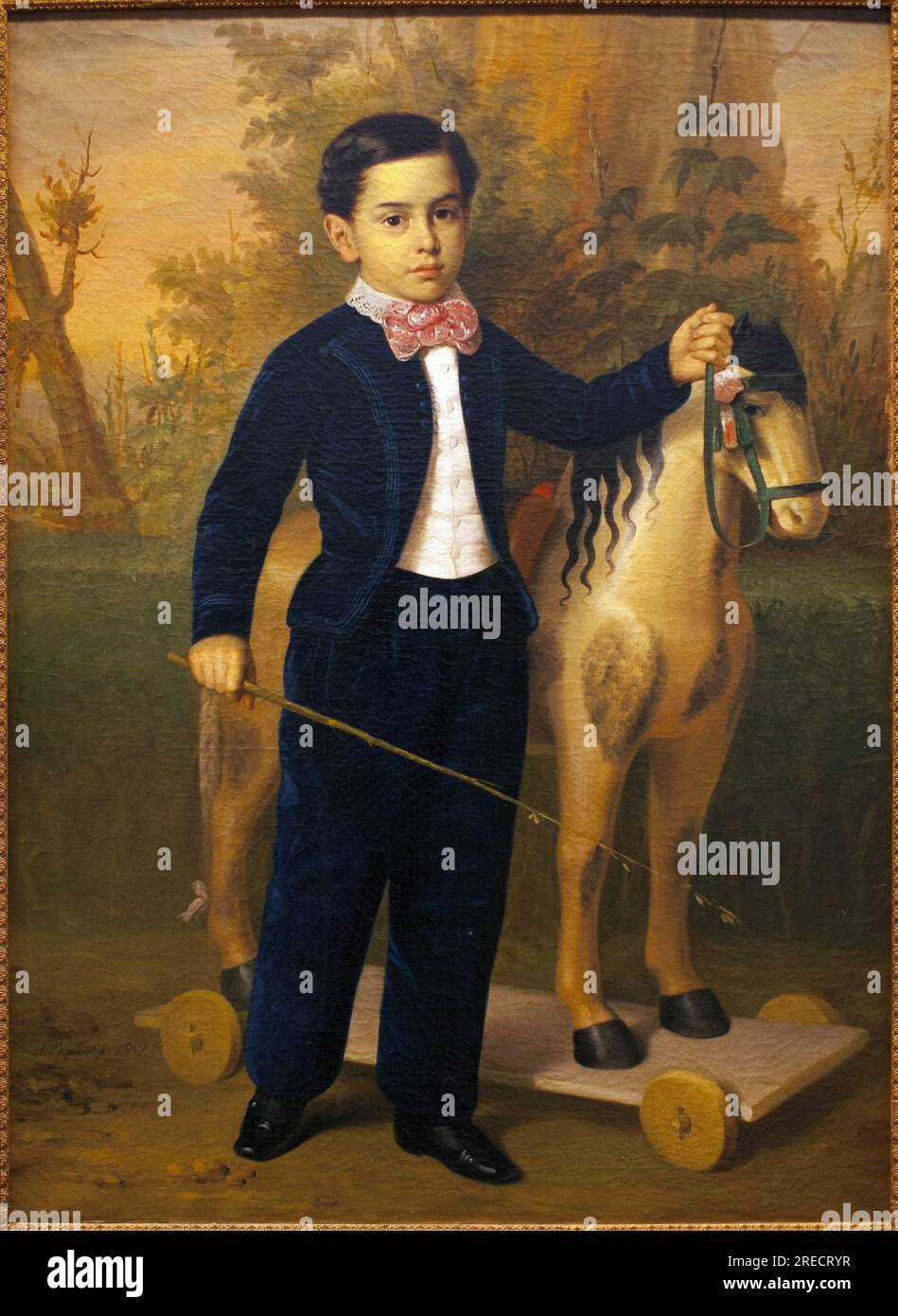 Portrait d'un petit garcon avec un cheval de bois. Peinture de Antonio Maria Esquivel (1806-1857), huile sur toile, ves 1851. Museo delle Belle Arti di Siviglia, Espagne. Foto Stock