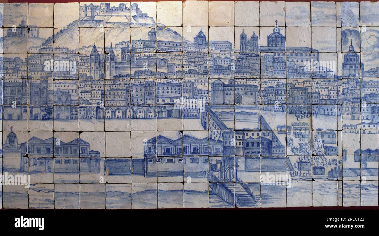 Vue panoramique de Lisbonne, avant le tremblement de terre de 1755 - Azulejos debutto 18e siecle, panneau prevenant de l'ancien palais des comtes de Tentugal, Lisbonne (grande panorama di Lisbona prima del terremoto del 1755, faience inizio XVIII secolo, antico palazzo dei conti di Tentugal) - Musee National des azulejos, Lisbonne (Portogallo) Foto Stock