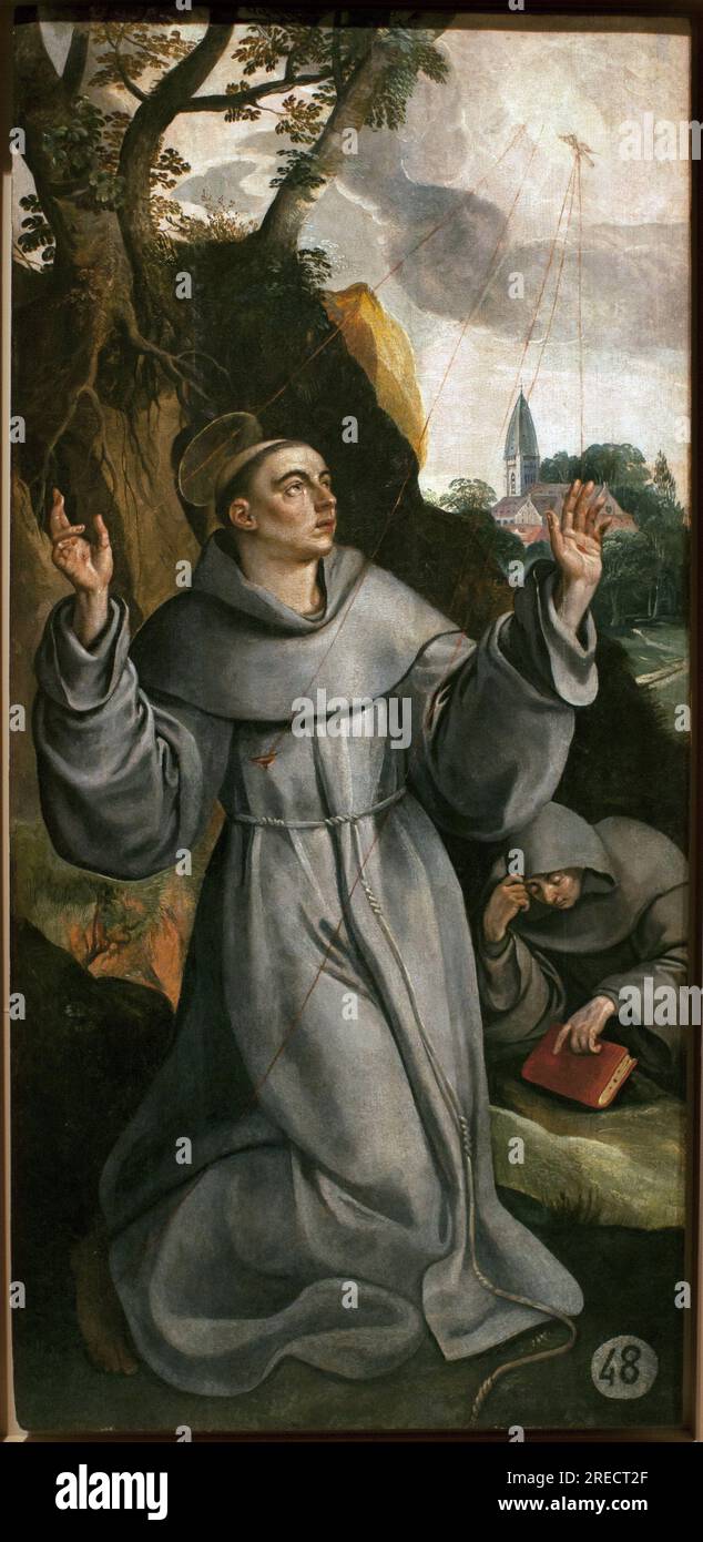 Saint Francois d'Assise (1181-1226). Peinture de Martin (Maarten) de Vos (1532-1604), huile sur bois, 1570, partie du retable du couvent de Saint Augustin, a Seville. Museo delle Belle Arti di Siviglia, Espagne. Foto Stock
