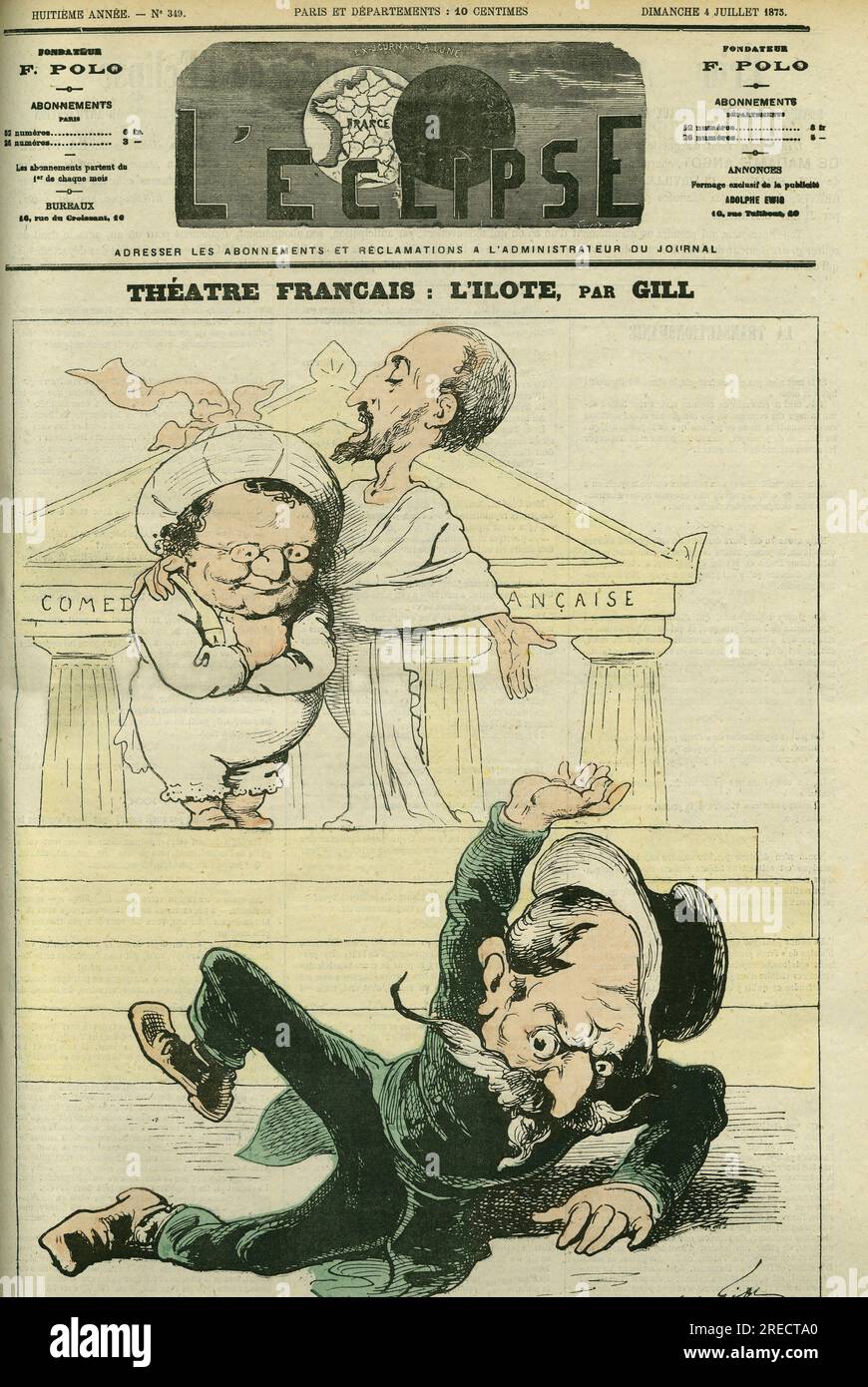 Illustrazione d'une piece comedie 'l'Ilote', par Charles Monselet (1825-1888) et Paul Arene (1843-1896) pour la Comedie-Francaise. Couverture in "l'Eclipse" par Gill, le 4 juillet 1875, Parigi. Foto Stock