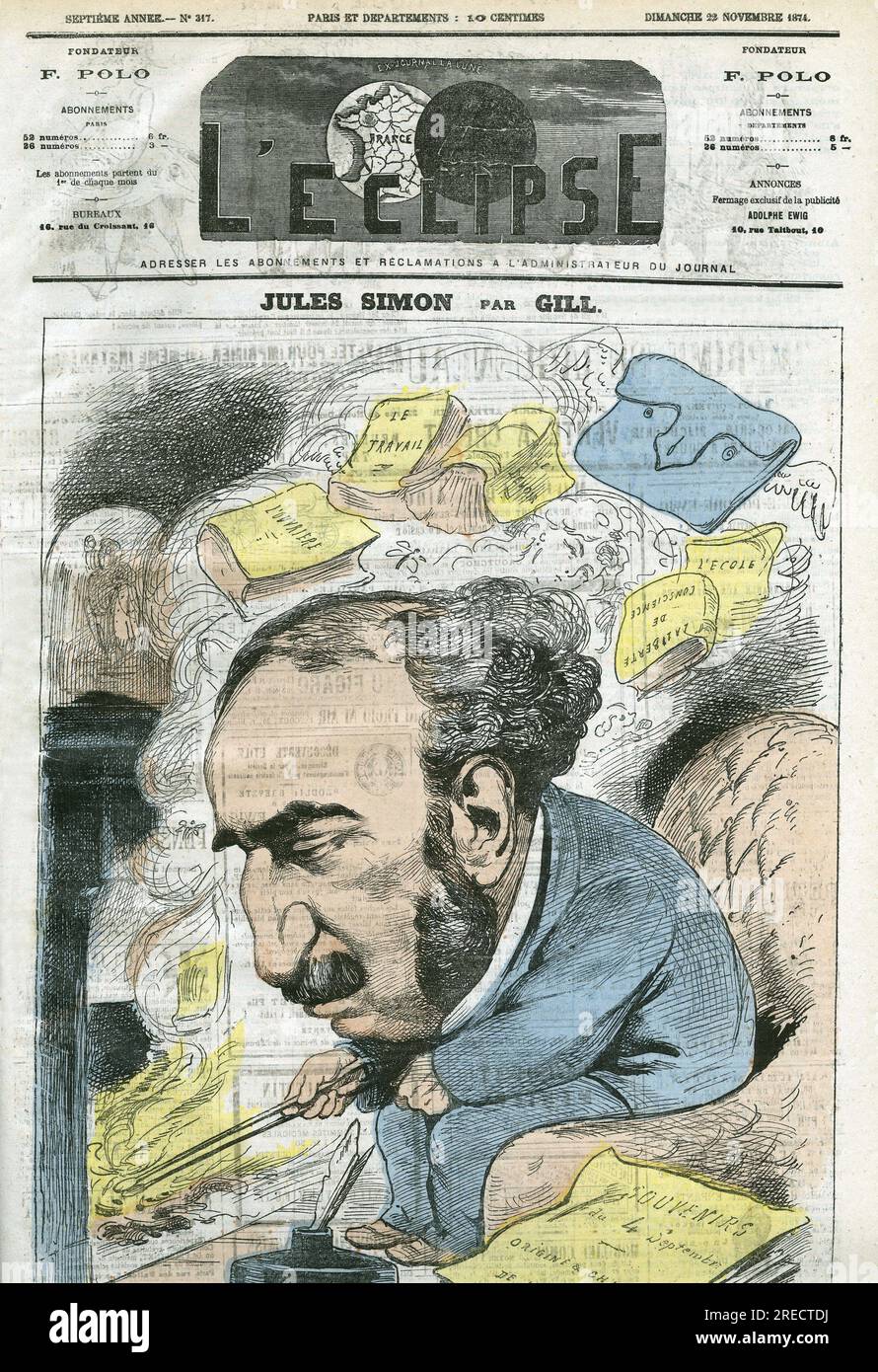 Caricature de Jules Simon (1814-1896), homme politique, historien de la philosophie, philosophe, essayiste francais. Couverture in 'l'Eclipse' par Gill, le 22 novembre 1874, Parigi. Foto Stock