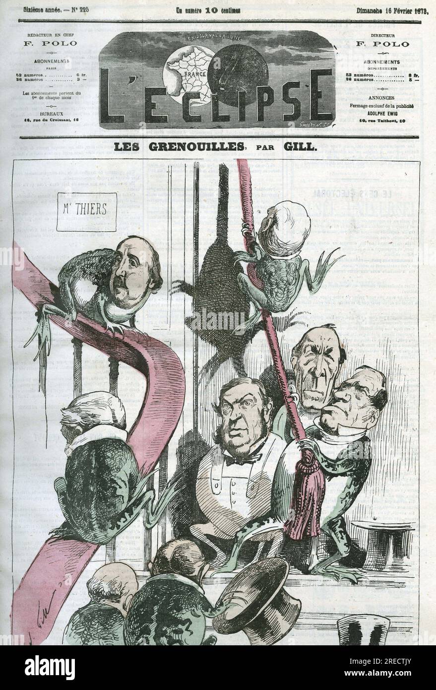 "Les Grenouilles", caricature d'hommes politiques du gouvernement du president Thiers en grenouilles. Couverture in 'l'Eclipse' par Gill, le 16 fevrier 1873, Parigi. Foto Stock