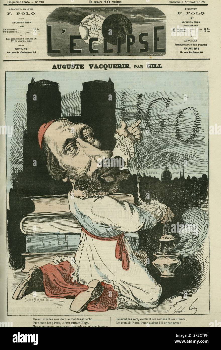 Auguste Vacquerie (1819-1895), poete, dramaturge et journaliste francais. Couverture in 'l'Eclipse' par Gill, le 3 novembre 1872, Parigi. Foto Stock