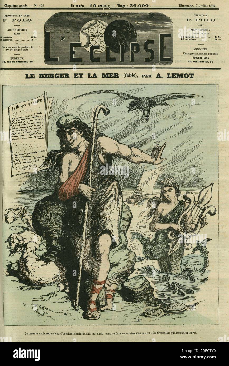 "Le berger et la mer" Illustration d'une fable en remplacement de la caricature de Gill "Les grenouilles qui demandent un roi" interdite par le censure. Couverture in 'l'Eclipse' par A. Lemot, le 7 juillet 1872, Parigi. Foto Stock