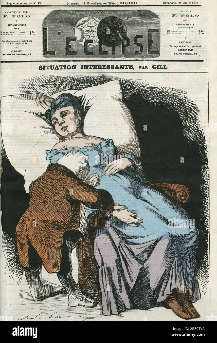 Illustration de la Republique bientot delivre de sa dette envers la Prusse, Adolphe Thiers (1797-1877), president de la Republique lui prenant le pouls. Couverture in 'l'Eclipse' par Gill, le 26 aout 1872, Parigi. Foto Stock