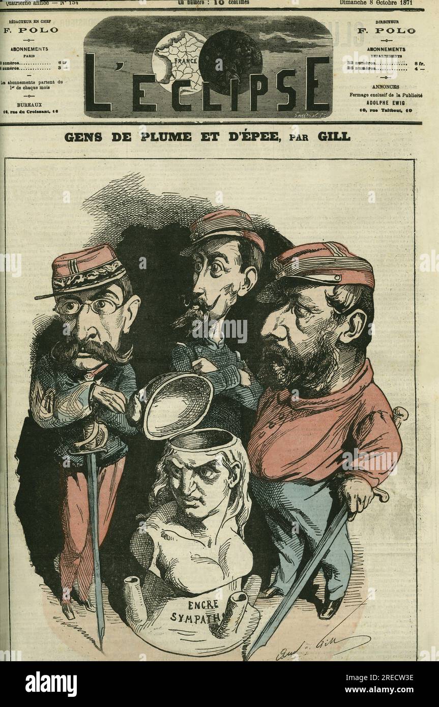 Gens de plume et d'epee: Louis Leon Faidherbe (1818-1889), militaire francais, Camille Cremer (1840-1876), General francais et Philippe Toussaint Joseph Bordone (1821-1892), medecin et militaire. Couverture in "l'Eclipse" par Gill, le 8 octobre 1871, Parigi. Foto Stock