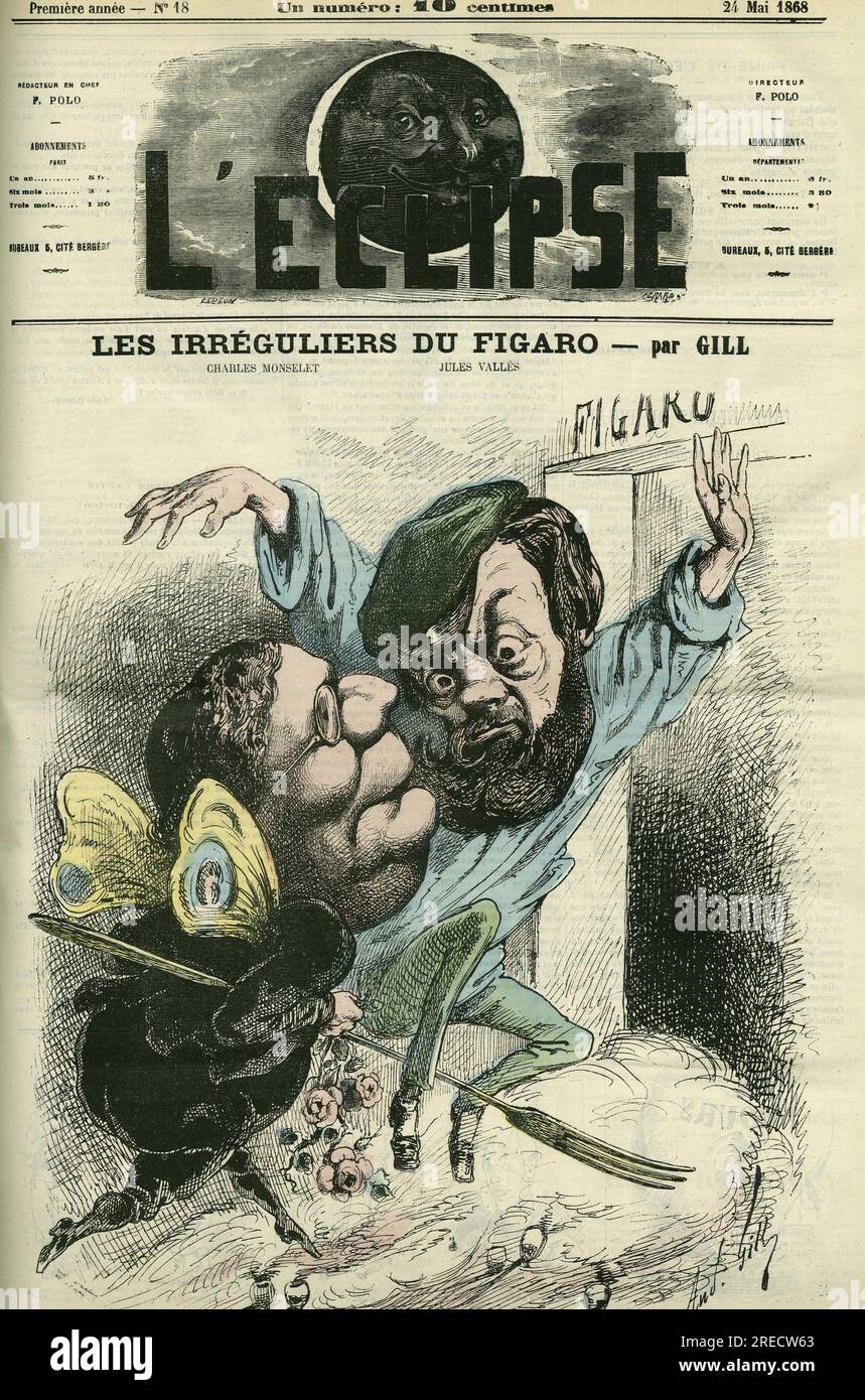 "Les irreguliers du Figaro", entree au Journal de Charles Monselet (1825-1888) et Jules Valles (1832-1885). Couverture in "l'Eclipse" par Gill, le 24 mai 1868, Parigi. Foto Stock