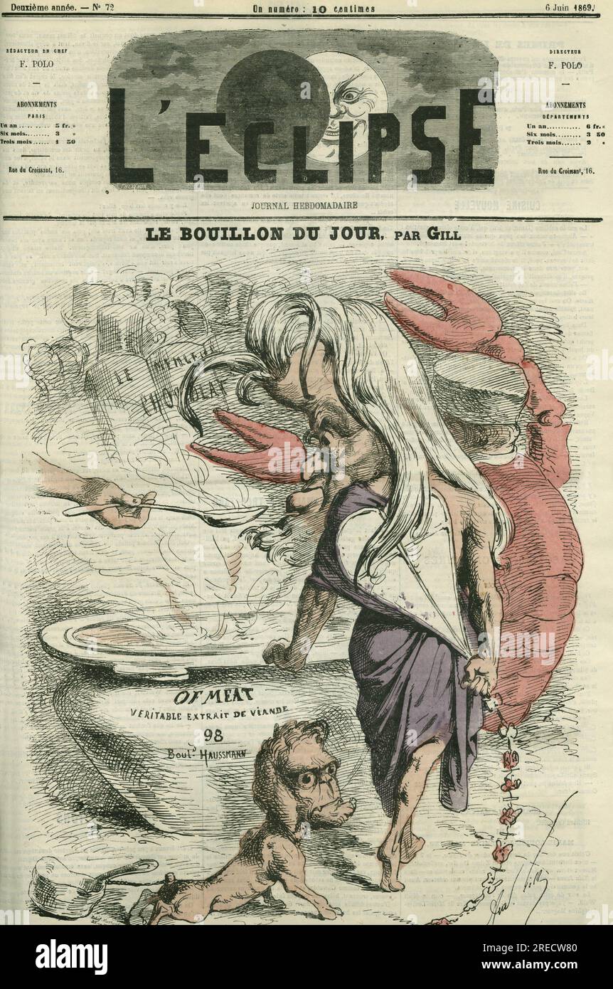 "Le bouillon du jour", Illustration pour 'l'of-meat', de l'extrait de viande. Couverture in "l'Eclipse" par Gill, le 6 juin 1869, Parigi. Foto Stock