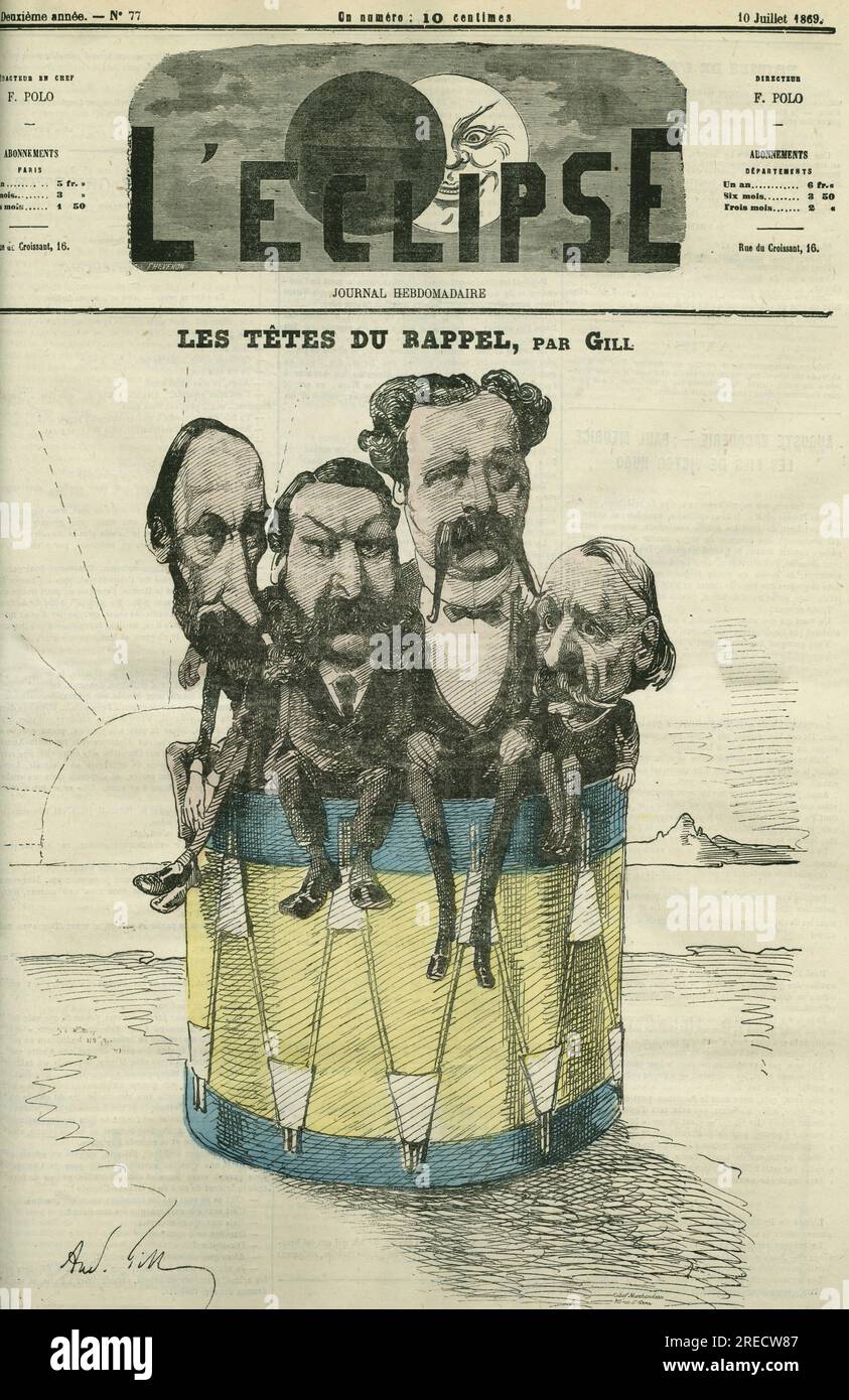 Auguste Vacquerie (1819-1895), Victor Hugo (1802-1885), Charles Hugo (1826-1871), et Paul Meurice (1818-1905), hommes de lettres francais. Couverture in 'l'Eclipse' par Gill, le 10 juillet 1869, Parigi. Foto Stock