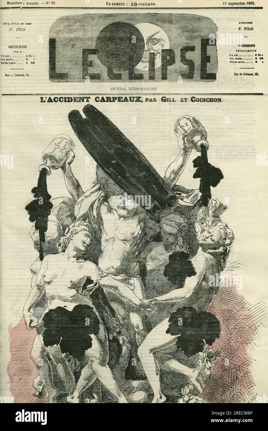 "L'Accident Carpeaux", Illustration de "la Danse" de Jean-Baptiste (Jean Baptiste) Carpeaux, sculpture pour l'Opera Garnier qui fut vivement critiquee au point qu'une bouteille d'encre fut jetee dessus. Couverture in 'l'Eclipse' par Gill et Coinchon, le 11 settembre 1869, Parigi. Foto Stock