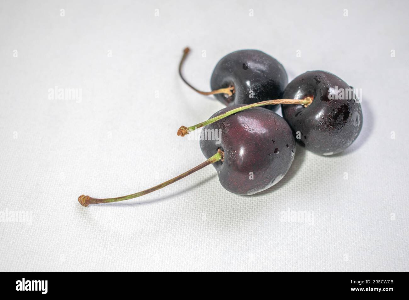 Ciliegia nera: Un'immagine sorprendente con una ciliegia nera scura su uno sfondo bianco nitido, che crea un cont. Accattivante e accattivante Foto Stock