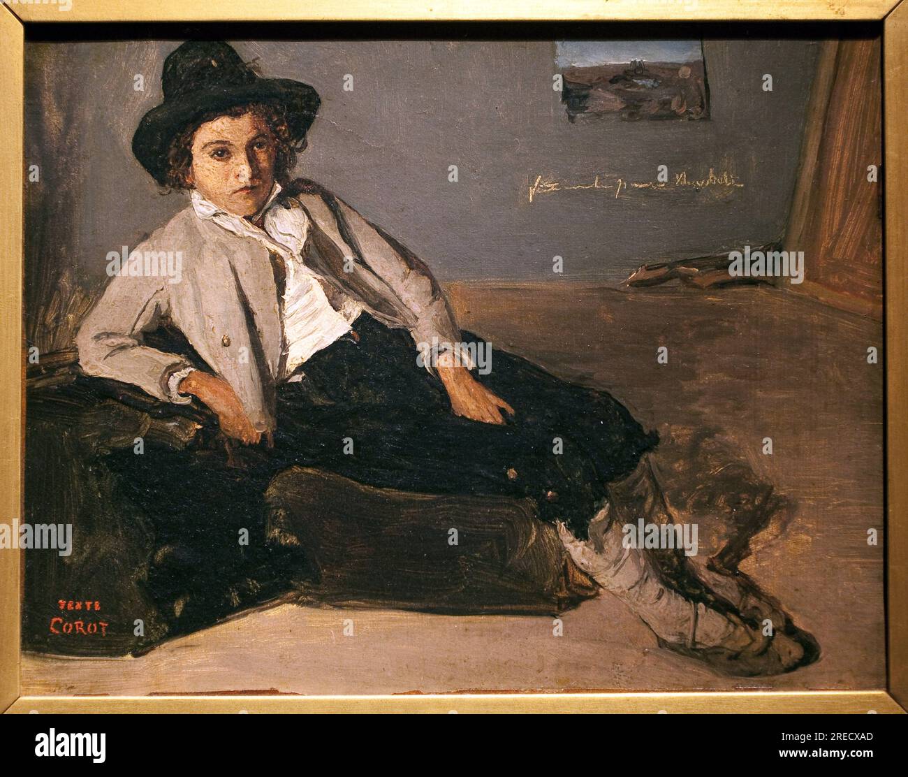 Jeune italien assis. Peinture de Jean Baptiste Camille Corot (1796-1875), huile sur papier marouflee sur toile, vers 1825-1827. Museo delle Belle Arti di Reims. Foto Stock
