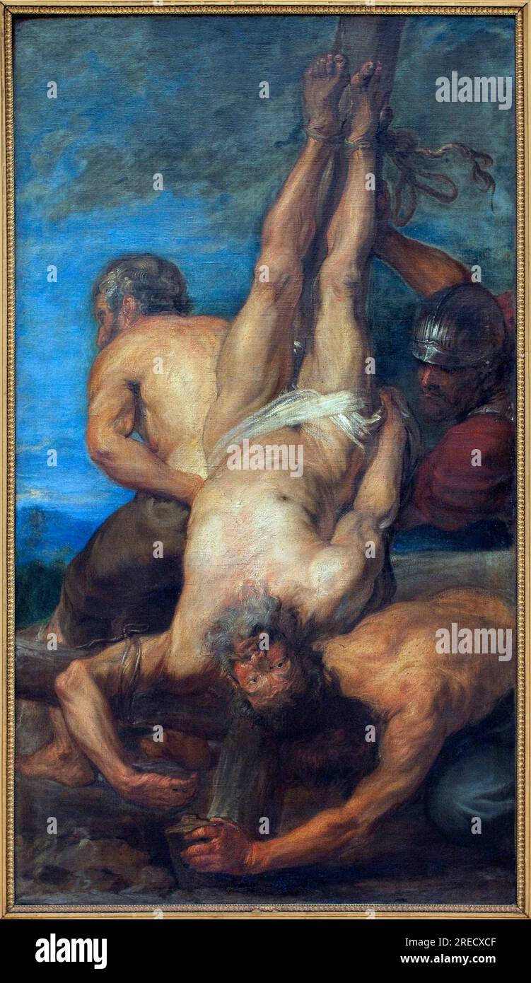 Le Martyre de Saint Pierre. Peinture attribuisce a Antoon Van Dyck (1599-1641), huile sur toile, 17e siecle. Museo Royaux des Beaux Arts de Belgique, Bruxelles. Foto Stock